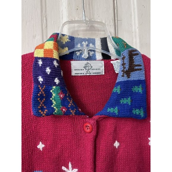 Vtg Design Options Philip Jane Gordon Sweater Snowman Patchwork Collar Button - Picture 2 of 11